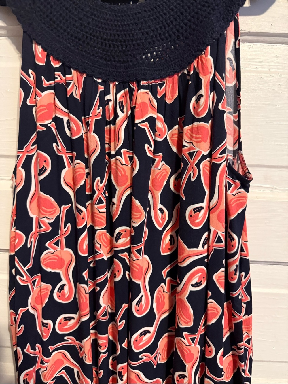 Navy Crochet Yoke Flamingo Print Maxi Dress by Crown and Ivy sz Lg. - Picture 2 of 4